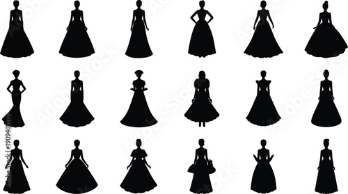 Vector, black, silhouette, illustration, set, of, elegant, women, in, long, evening, gowns, and, vintage, dresses, for, wedding, prom, fashion, and, formal, design, elements