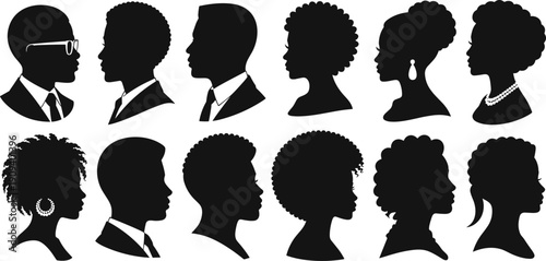 Vector, black, silhouette, illustration, set, of, African, American, men, and, women, profiles, with, natural, hairstyles, for, beauty, fashion, diversity, and, salon, design, elements