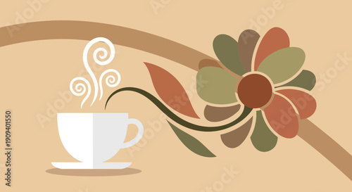Flat Coffee Cup with Floral Design, Warm Beverage and Plant Illustration