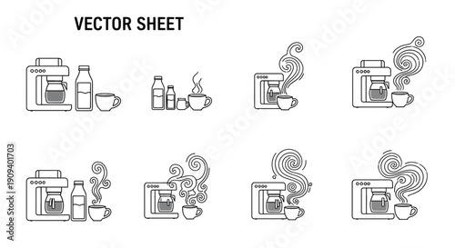 Coffee Maker Machine with Steam, Coffee Cup, and Milk Jug - Vector Graphics