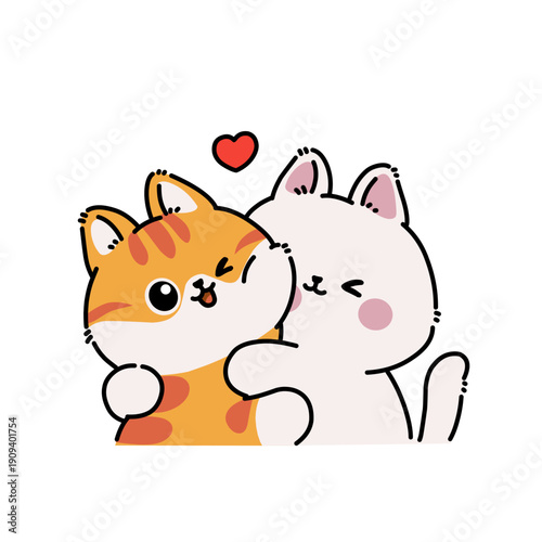 Adorable colorful cats hugging with heart symbol, kawaii cartoon illustration expressing love, friendship, and warmth, perfect for stickers, cards, and cute emotional designs.