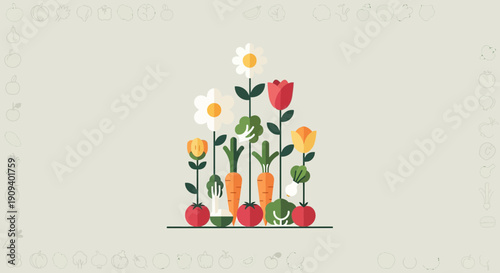 Flat illustration of blooming flowers and fresh vegetables growing together