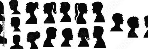Vector, black, silhouette, illustration, set, of, man, and, woman, head, profiles, with, various, hairstyles, for, user, avatar, icons, beauty, salon, and, hair, design, elements