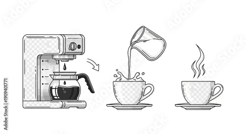 Coffee making process: brewing, pouring, and serving hot coffee in a cup.