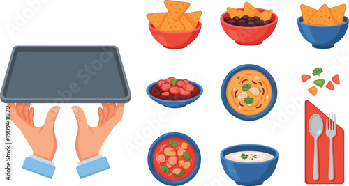 Delicious food bowls and utensils for meal preparation