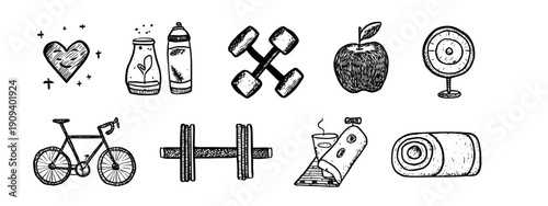 set of hand drawn tools for your design sport lifestyle healthy fitness 