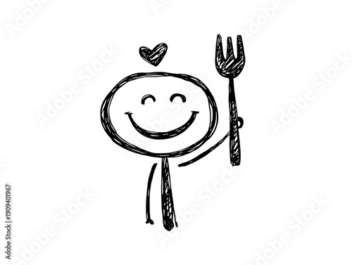 hungry funny cartoon character with fork wait to dinner , breakfast , food
