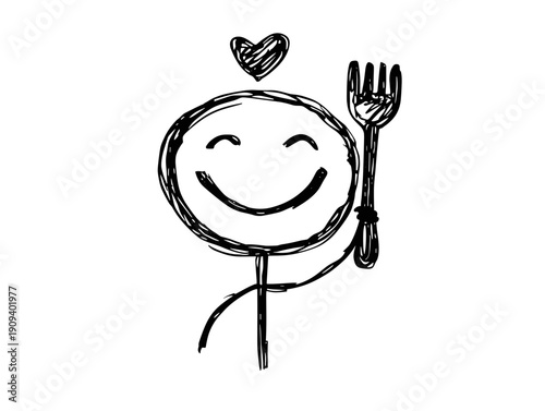hungry funny cartoon character with fork wait to dinner , breakfast , food