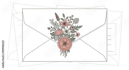 Floral Envelope Design with Botanical Bouquet and Wax Seal