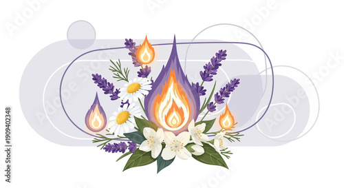 Floral Fire Illustration: Lavender, Daisy, Jasmine with Flames and Abstract Shapes