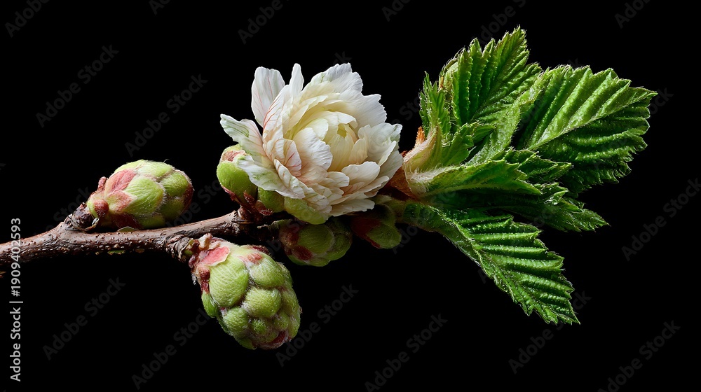 Fototapeta premium Delicate White Spring Buds with Green Leaves / 緑の葉と繊細な白い春の芽