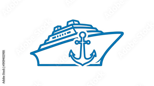 A blue line art cruise ship with anchor on a white background