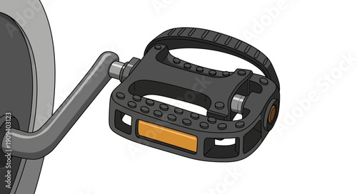 Close-up of a black bicycle pedal with reflector and toe strap on a white background