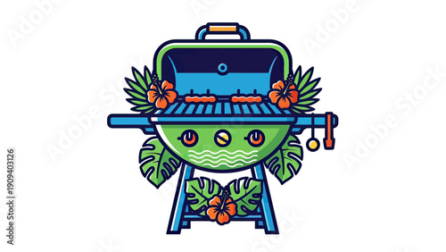 Stylized illustration of a barbecue grill with Hawaiian flowers and tropical foliage