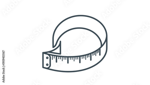 A minimalist linear illustration of a coiled measuring tape, black outline on white