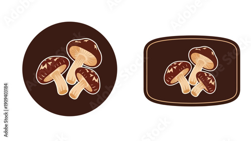 Two mushroom illustrations one circular, one rectangular, both feature shiitake