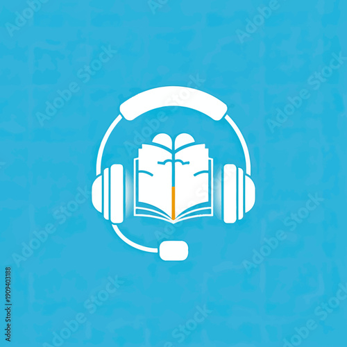 White outline of headphones over a book, mic included, all against a textured blue backdrop