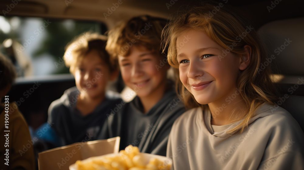 Fototapeta premium Interactive GPS dashboard in a family minivan, showcasing entertainment options and navigation tools to enhance road trips for families. The cozy atmosphere includes playful kids in the backseat,