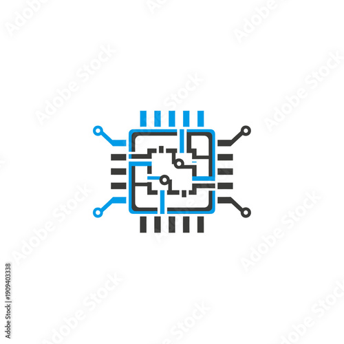 Graphic depicting a simplified microchip, featuring a network of blue & black circuits
