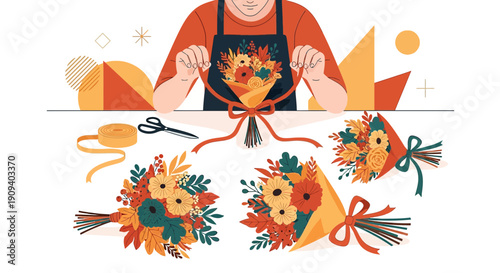 Florist Arranging Autumn Bouquet - Flat Illustration Set