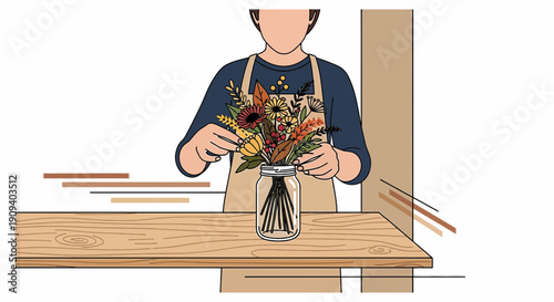 Florist Arranging Autumn Bouquet in Jar on Wooden Table - Illustration