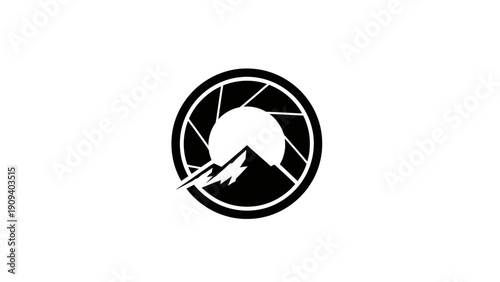 Black and white logo features a mountain within an aperture design. A circular frame surrounds