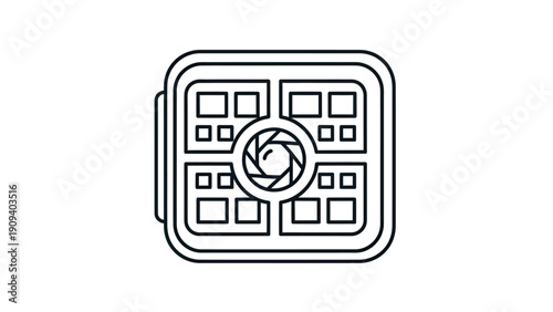 A simplified camera with multiple rectangular compartments. Center circle with lens aperture