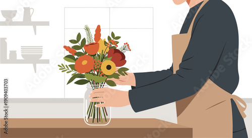 Florist arranging autumn bouquet in vase, flat illustration, seasonal flowers, home decor