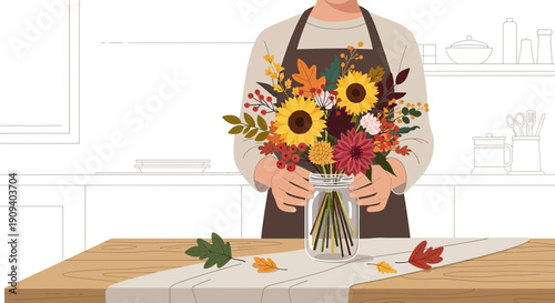 Florist Arranging Autumn Bouquet in Kitchen