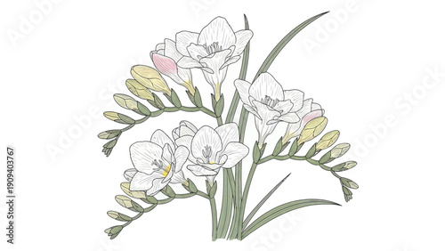 A detailed illustration of white freesia flowers and buds with green stems and leaves