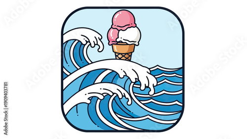 An illustration features an ice cream cone atop stylized ocean waves within a rounded frame