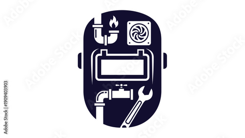 Navy blue icon of a welding mask, featuring plumbing, fan, and wrench details