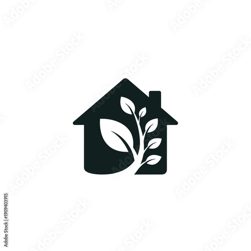 A dark house silhouette with chimney and a stylized plant growing within