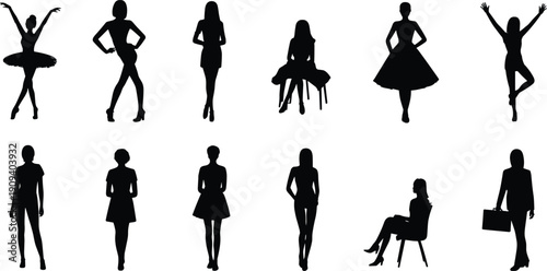 Vector, black, silhouette, illustration, set, of, various, women, poses, including, ballerina, business, woman, fashion, model, and, sitting, lady, for, lifestyle, and, fashion, design, elements