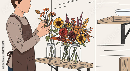 Florist Arranging Autumn Bouquet with Sunflowers and Dahlias in Glass Jars