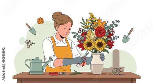 Florist Arranging Autumn Bouquet with Sunflowers and Dahlias in Vase