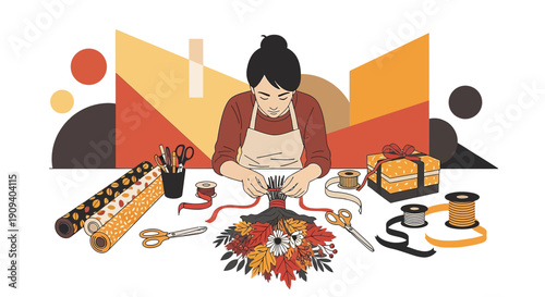 Florist Arranging Autumn Bouquet with Wrapping Supplies, Gifts, and Geometric Background