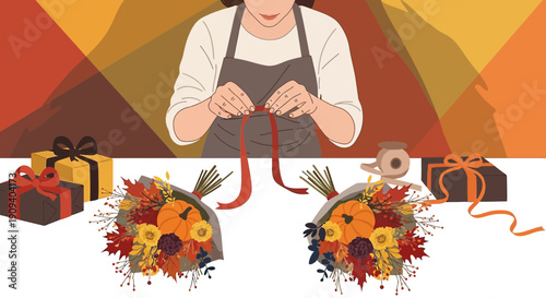 Florist Arranging Autumn Bouquets and Gifts, Seasonal Decoration