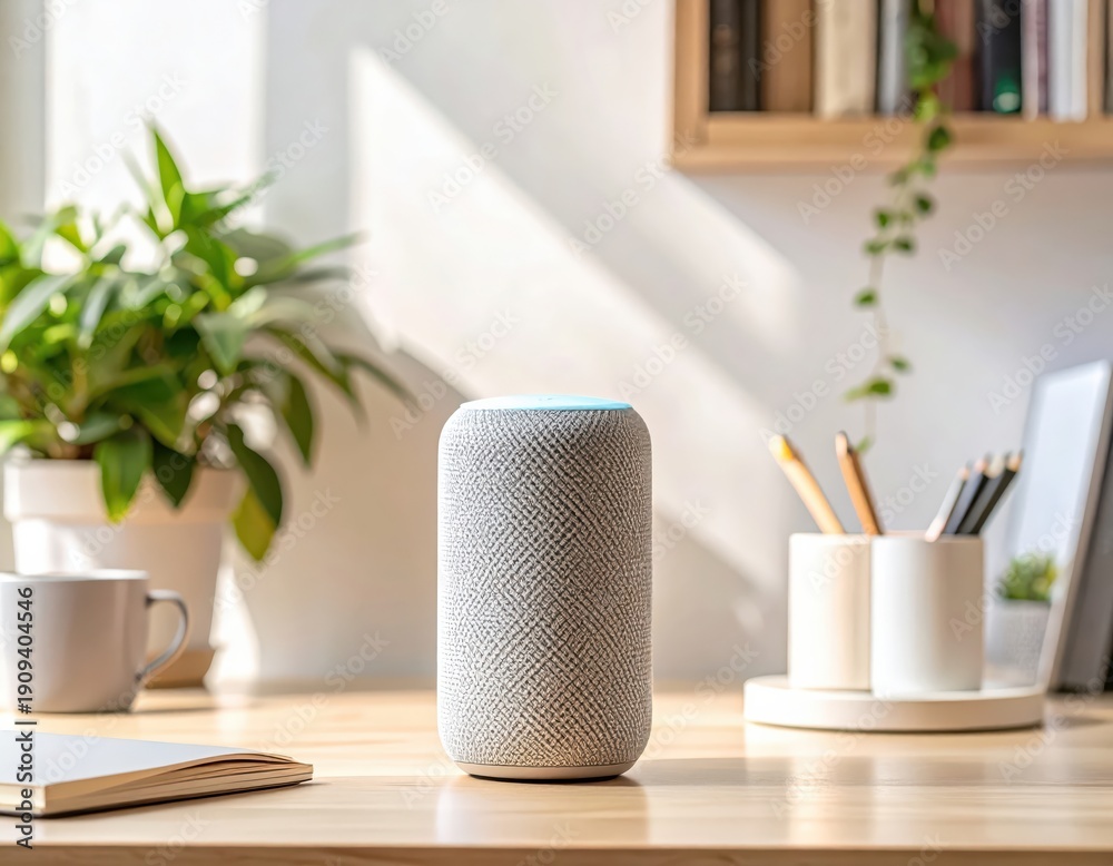 Naklejka premium Modern smart speaker with glowing light on wooden desk in sunlit room
