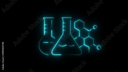 animated neon blue chemical molecular structure and laboratory flasks glowing on black background science and technology motion graphic