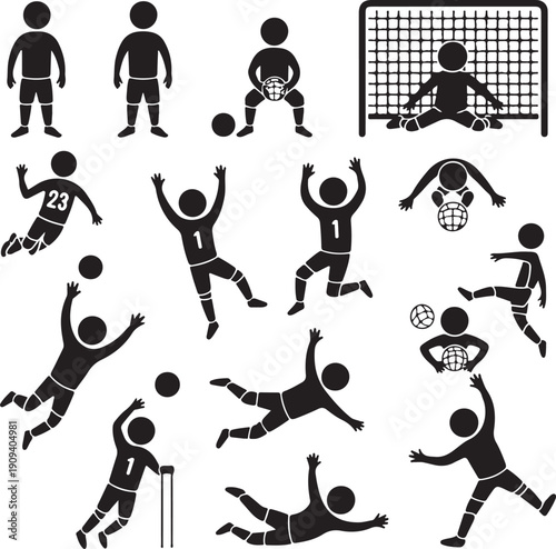 Black silhouettes of soccer players in various poses with ball and goal