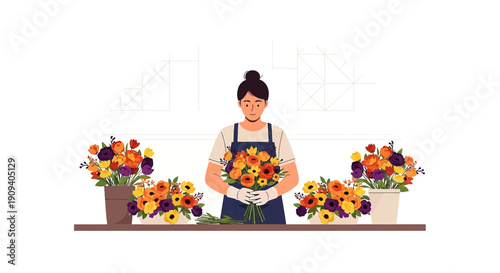 Florist Arranging Colorful Bouquets of Flowers in a Studio