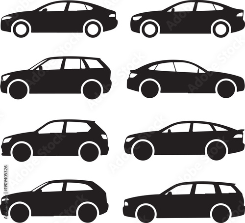 set of black car silhouettes in different positions and shapes side view