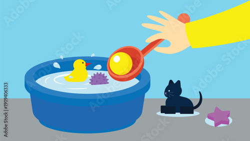 Cat and duck in a bowl of water. Vector illustration in flat style