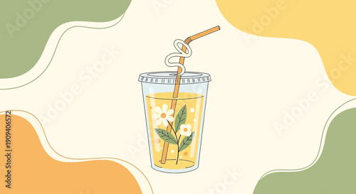 Fresh Summer Drink with Floral Design and Swirl Straw