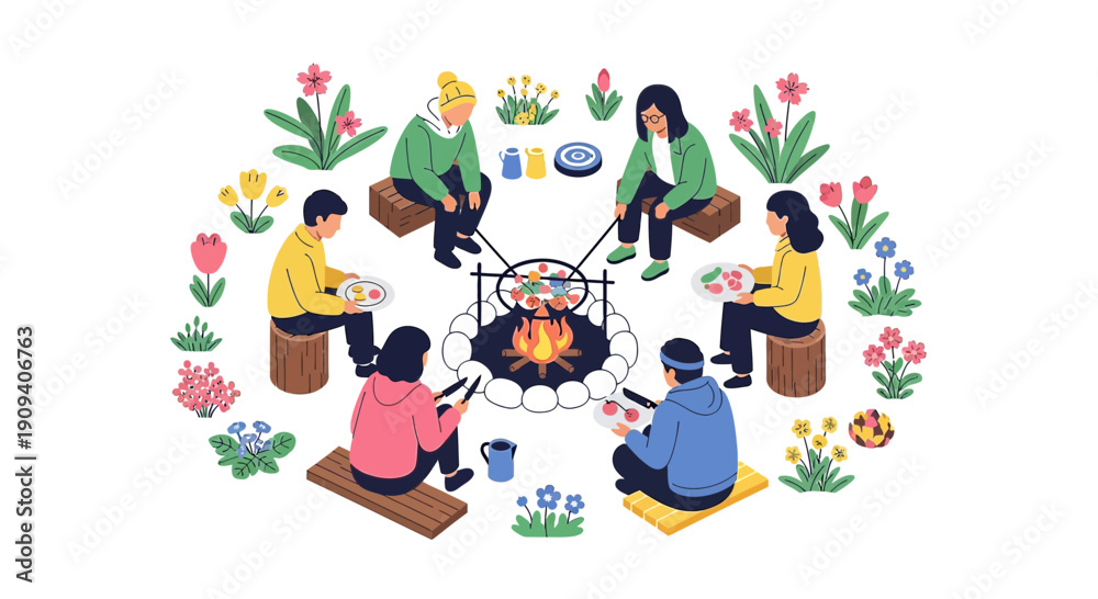 Fototapeta premium Friends Gathered Around Campfire Illustration | Outdoor Dining and Nature