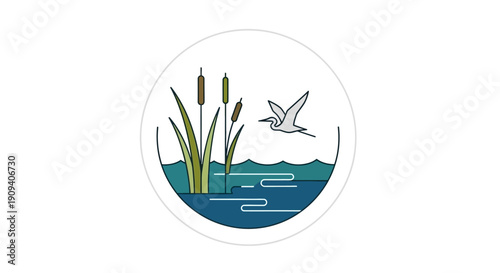 Minimalist illustration of a wetland ecosystem with cattails, water, and a flying bird, symbolizing nature and conservation.