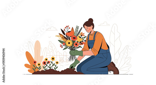 Gardener Arranging Autumn Bouquet in Flower Bed Illustration