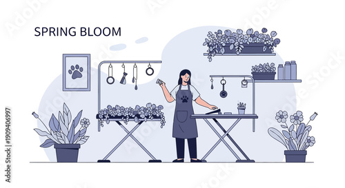 Gardener Arranging Flowers in a Greenhouse, Spring Bloom Illustration