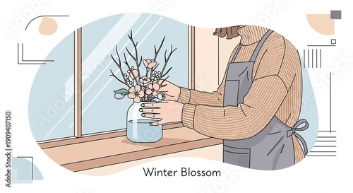 Gardener Arranging Winter Flowers in Vase by Window